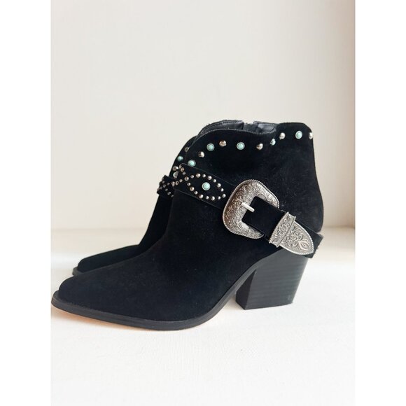 Jessica Simpson Black Suede Silver tone Buckle  Stud Detail Pointy Toe Booties 8 - Picture 3 of 9